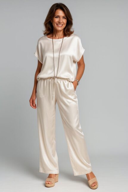 Conjunto satinado marfil elegante manga corta