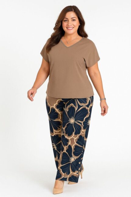 Set 2 piezas top cuello redondo pantalon holgados estampado floral Café integral