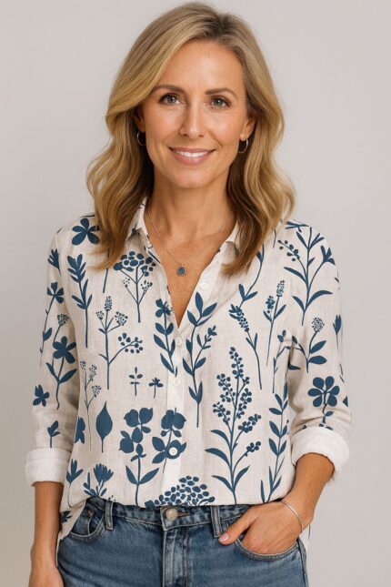 Blusa blanca con delicados detalles de flores azules