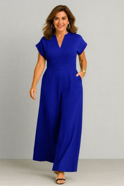 Braga azul rey unicolor con bolsillos y cuello V