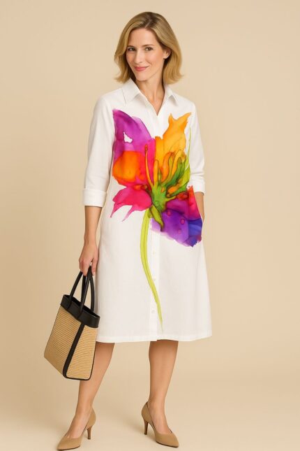 Vestido camisero con estampado floral Blanco